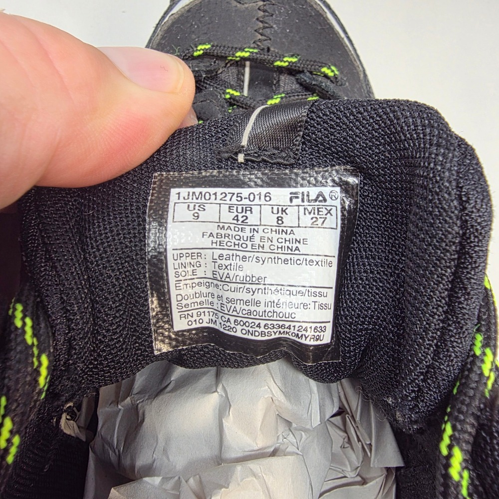 Fila All Terrain Trail Running Shoes Mens 9 Black Lime Green 1JM01275-016 Exc - Picture 5 of 16